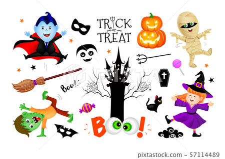 Halloween cartoon set in holiday costumes. 57114489