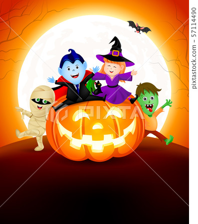 Halloween cartoon set sitting on pumpkin.  57114490