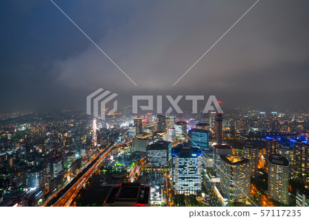 Yokohama cityscape in Japan Local heavy rain and thunderstorms. The surrounding sky was stained pale with dark clouds and flashes = observed from Yokohama city Yokohama cityscape in Japan Local heavy rain and thunderstorms. The surrounding sky was stained pale with dark clouds and flashes = observed from Yokohama city 57117235