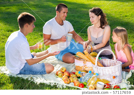 Happy young parents with two teenagers having a picnic on the countryside 57117659