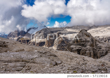 The Sass Pordoi is a relief of the Dolomites, in the Sella group, Italy The Sass Pordoi is a relief of the Dolomites, in the Sella group, Italy 57119018