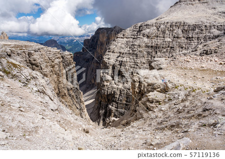 The Sass Pordoi is a relief of the Dolomites, in the Sella group, Italy The Sass Pordoi is a relief of the Dolomites, in the Sella group, Italy 57119136