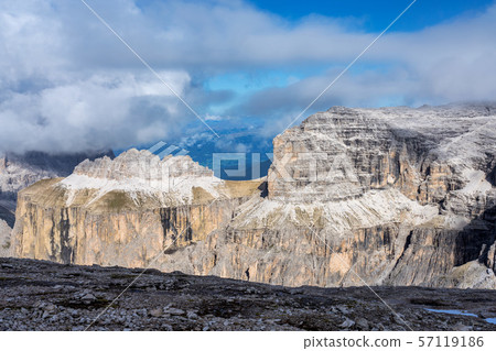 The Sass Pordoi is a relief of the Dolomites, in the Sella group, Italy The Sass Pordoi is a relief of the Dolomites, in the Sella group, Italy 57119186