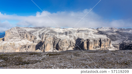 The Sass Pordoi is a relief of the Dolomites, in the Sella group, Italy The Sass Pordoi is a relief of the Dolomites, in the Sella group, Italy 57119209