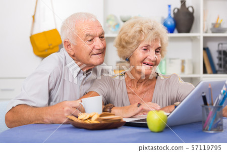 Smiling senior couple surfing net with laptop 57119795