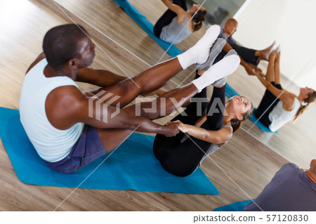 females and males doing stretching workout in pairs females and males doing stretching workout in pairs 57120830