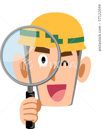 A man wearing a helmet, construction site, looking through a magnifying glass and smiling A man wearing a helmet, construction site, looking through a magnifying glass and smiling 57122044
