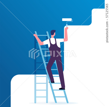 Painter painting wall. Worker on ladder paints home. Repair service and renovation vector concept 57125565