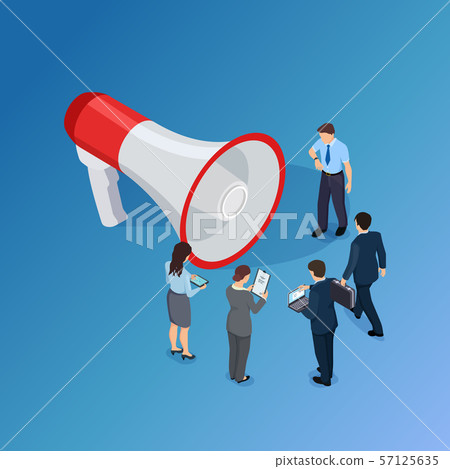 Business people are waiting for announcement isometric vector concept. Women, men and 3d megaphone 57125635