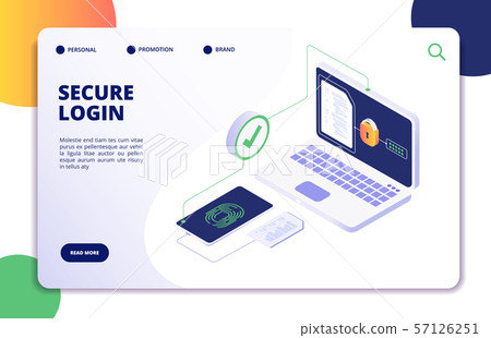 Authentication isometric concept. Password, login authorization fingerprint access. Data safe and Authentication isometric concept. Password, login authorization fingerprint access. Data safe and 57126251