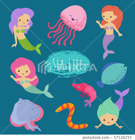 Sea life cartoon character animals and mermaids vector design 57126255