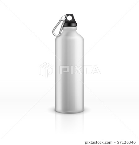 Metal water bottle. White realistic reusable drink flask. Fitness sports stainless thermos. Closeup 57126340