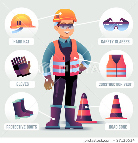 Worker with safety equipment. Man wearing helmet, gloves glasses, protective gear. Builder 57126534