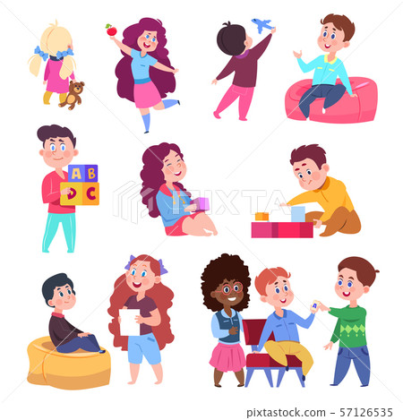Little children play toys and chat. Cartoon character kids vector isolated on white background 57126535