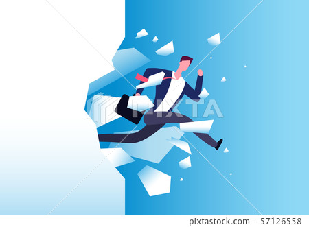 Breaking wall concept. Strong man jamps through barrier. Personal growth, business success and 57126558