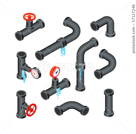 Broken pipes. Leaking water pipeline tubes. Leakage plumbing system 3d isometric vector isolated set Broken pipes. Leaking water pipeline tubes. Leakage plumbing system 3d isometric vector isolated set 57127246