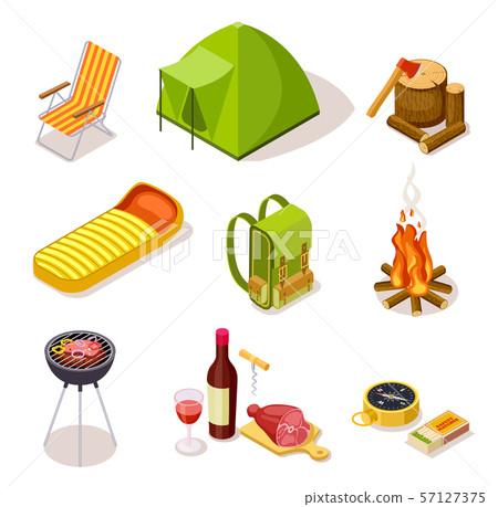 Isometric camping. Summer picnic with... - Stock Illustration [57127375 ...
