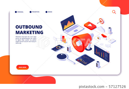 Outbound marketing. Seo pr roi crm online communication. Social media promotion landing vector 57127526