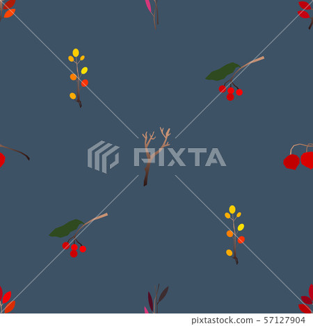 Autumn vector seamless pattern with berries, acorns, pine cone, mushrooms, branches and leaves. 57127904