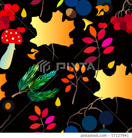 Autumn vector seamless pattern with berries, acorns, pine cone, mushrooms, branches and leaves. 57127941
