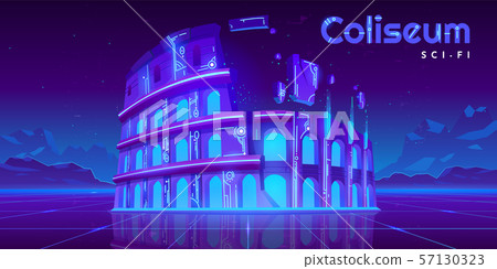 Neon Coliseum on retro sci-fi glowing background Neon Coliseum on retro sci-fi glowing background 57130323