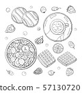 Big set of different black and white breakfast elements on white background. Hand drawn. 57130720