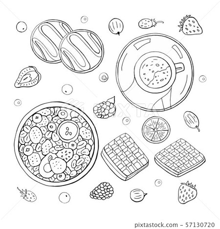 Big set of different black and white breakfast elements on white background. Hand drawn. 57130720