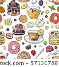 Seamles pattern with different breakfast elements on white background. 57130786
