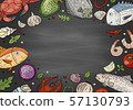 Big seafood set and vegetables on chalkboard. Hand drawn collection. 57130793