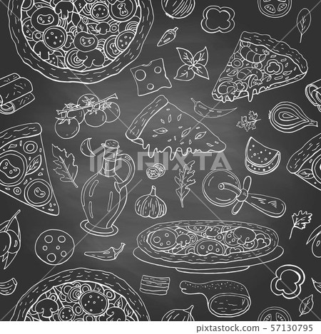 Seamless pattern with different italian food, pizza, olive oil and vegetables on chalkboard. 57130795