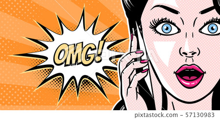 Comic style beautiful young woman talking on the Comic style beautiful young woman talking on the 57130983