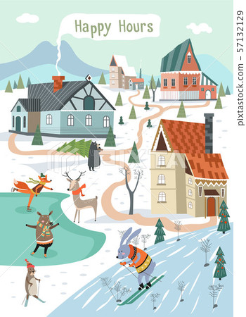 Happy hours of winter holidays, animals playing Happy hours of winter holidays, animals playing 57132129