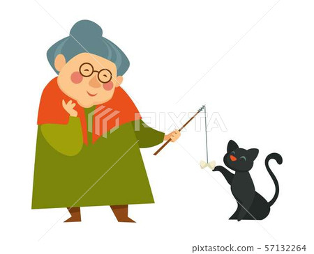 Smiling granny, old lady playing with her black Smiling granny, old lady playing with her black 57132264