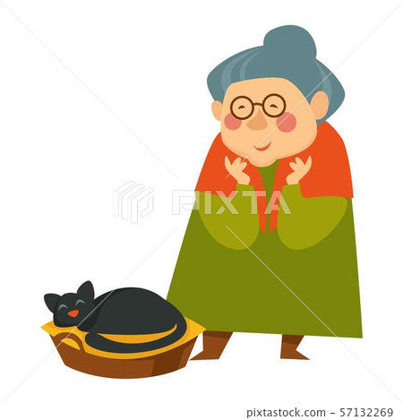 Old woman, senior person looking at sleeping cat 57132269