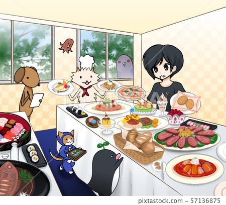 Illustration of people and animals enjoying cooking at home party (Western / Japanese / dessert) 57136875