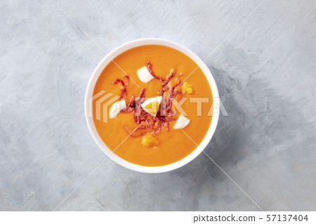 Salmorejo, Spanish cold tomato soup, shot from the top with a place for text Salmorejo, Spanish cold tomato soup, shot from the top with a place for text 57137404