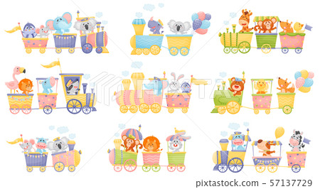 Set of trains and cars with animals. Vector illustration on a white background. 57137729
