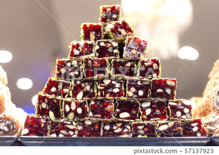 Traditional delicious turkish desserts in the shop window showcase. Different kinds of turkish 57137923