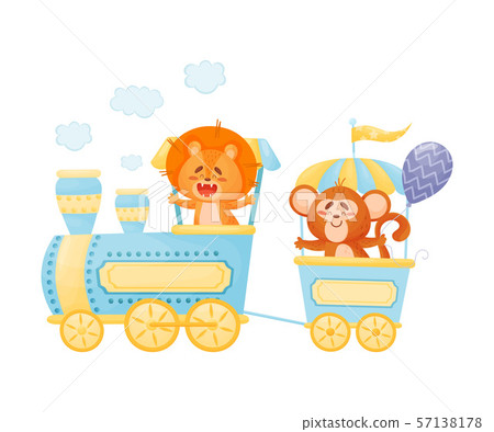 Lion and a monkey ride on a train. Vector illustration on a white background. Lion and a monkey ride on a train. Vector illustration on a white background. 57138178