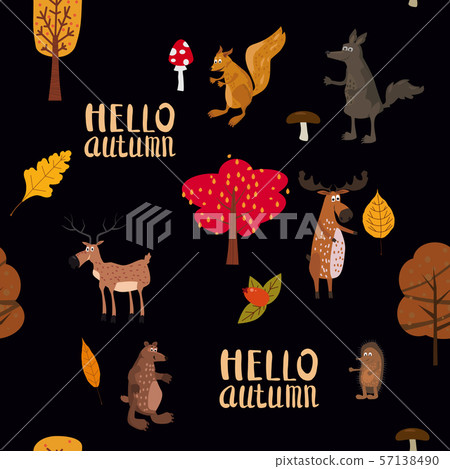 Autumn forest cute animals seamless pattern... - Stock Illustration ...