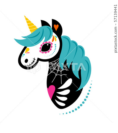 Day of the dead, Dia de los muertos, Unicorn skull and skeleton decorated with colorful Mexican Day of the dead, Dia de los muertos, Unicorn skull and skeleton decorated with colorful Mexican 57139441