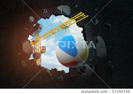 3d rendering of hoisting crane carrying beach ball and breaking hole in black wall with blue sky 57140149