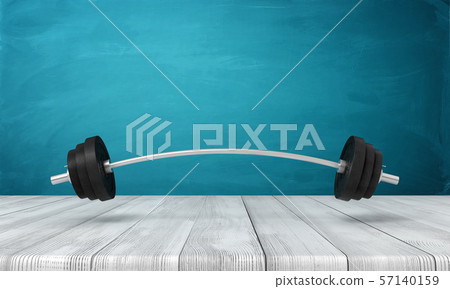 3d rendering of metal training bar-bell on white wooden floor and dark turquoise background 57140159