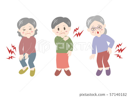 Senior woman: backache, stiff shoulders, joint pain illustration set Senior woman: backache, stiff shoulders, joint pain illustration set 57140182
