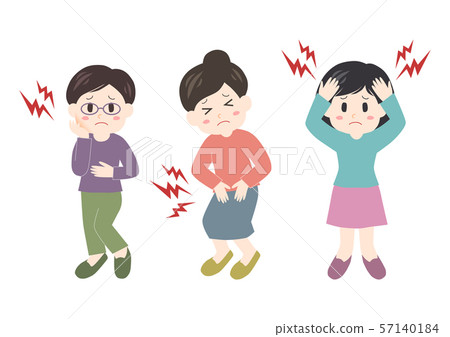 Female: Headache Abdominal pain Toothache Illustration set Female: Headache Abdominal pain Toothache Illustration set 57140184
