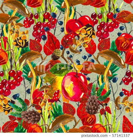 Autumn watercolor hand drawn seamless pattern with leaves mushrooms and pine cones Autumn watercolor hand drawn seamless pattern with leaves mushrooms and pine cones 57141337