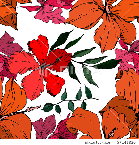 Vector Tropical flowers and leaves isolated. Black and white engraved ink art. Seamless background 57141826