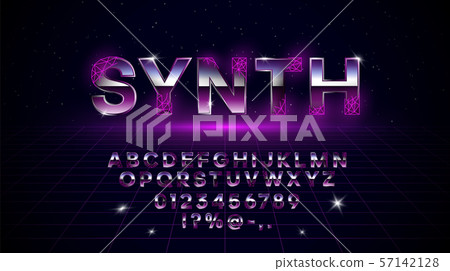Retrowave synthwave vaporwave font in 1980s style. Retrowave design letters, numbers, symbols with 57142128