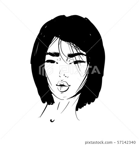 Asian woman portrait. Fashion illustration. Haircut BOB STRAIGHT. Hand drawn vector art isolated on 57142340