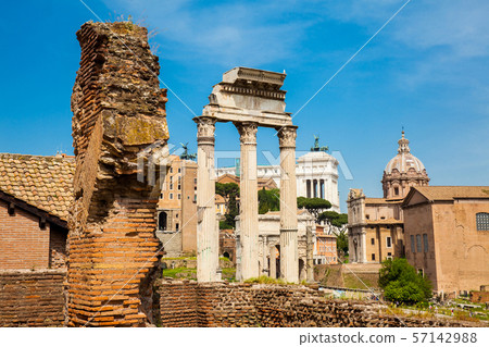 Remains of the Temple of Castor and Pollux at the Roman Forum in Rome 57142988